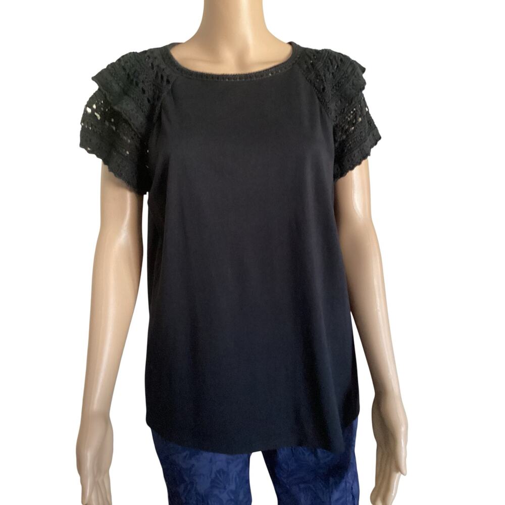 LOFT Black Crochet Lace Ruffle Flutter Sleeve Knit Top Blouse‎ size L